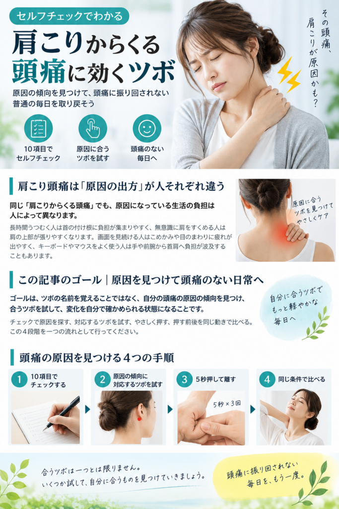 肩こり・頭痛の原因傾向から試すツボを選ぶセルフチェック図