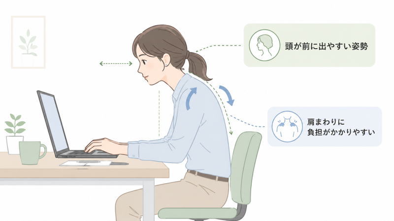 デスクワークで頭が前に出て首や肩へ負担がかかっている姿勢