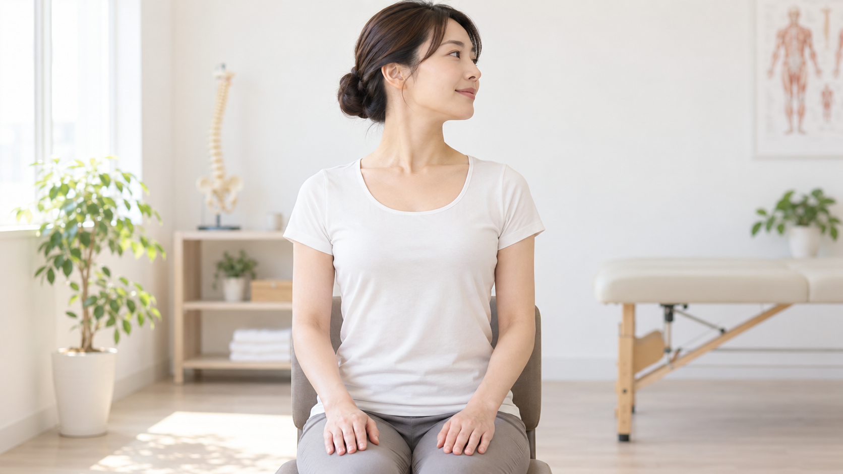 肩の力を抜いて首をゆっくり横へ向ける女性