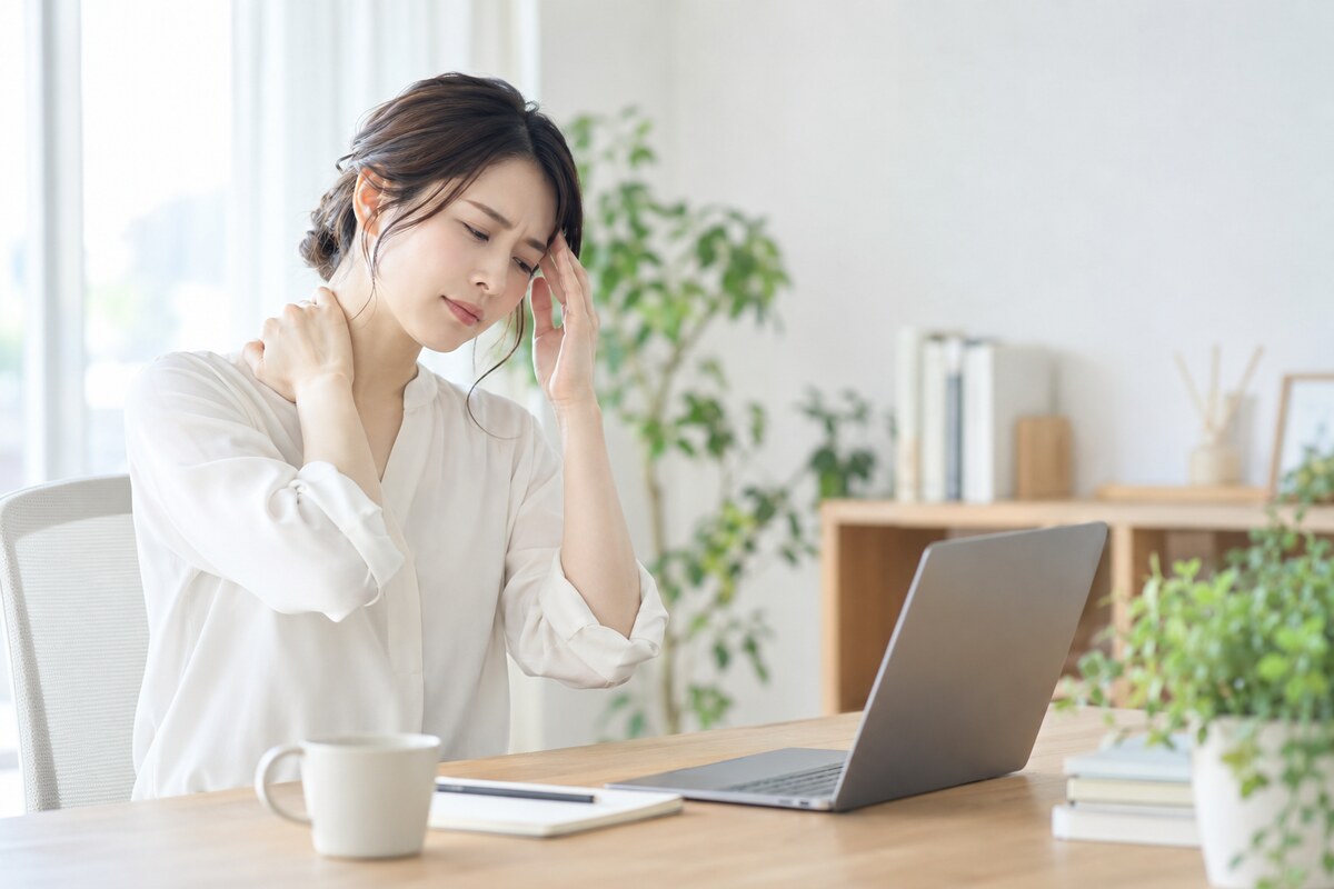 肩こり・首こりと頭痛が重なるデスクワーク中の女性