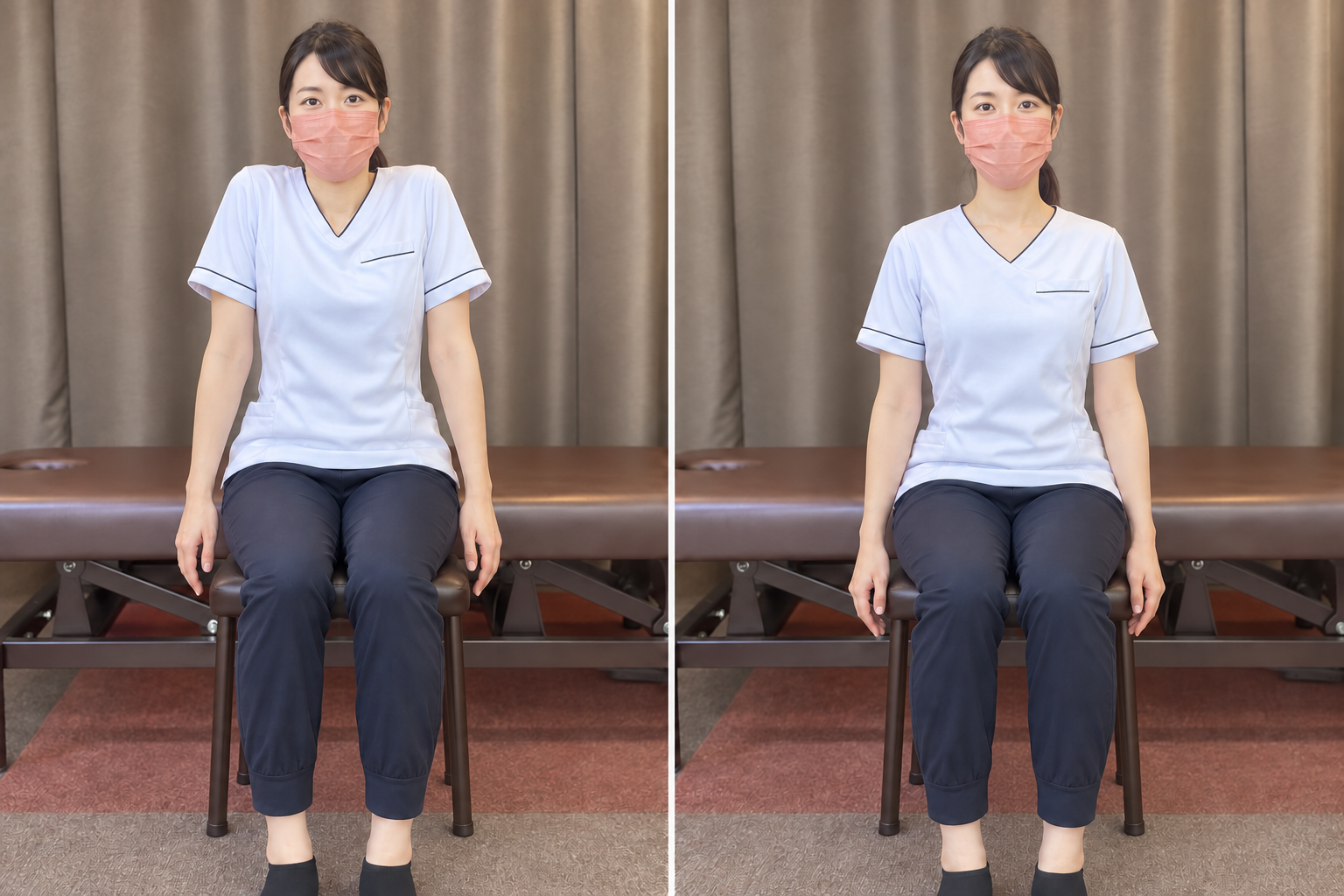 座ったまま肩をすくめた姿勢と力を抜いて下ろした姿勢の比較(AI生成イメージ)