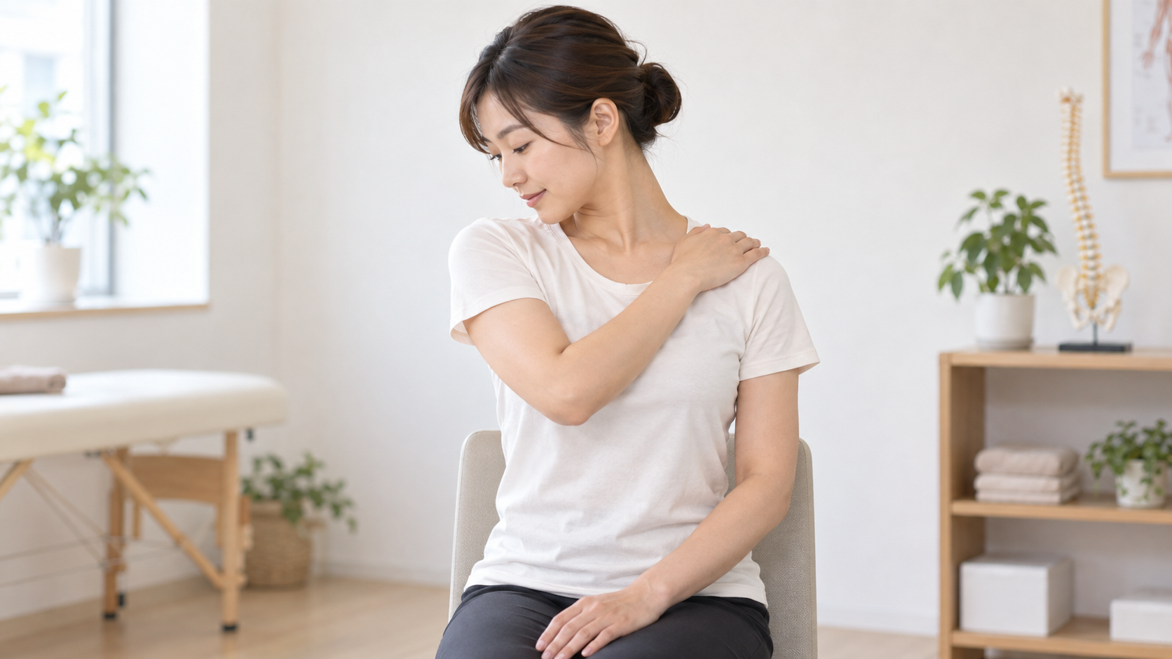 首を斜め下へ向けて肩甲挙筋をゆるめる方法