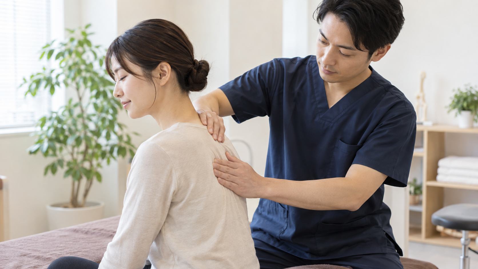 肩と肩甲骨まわりの施術を受ける女性